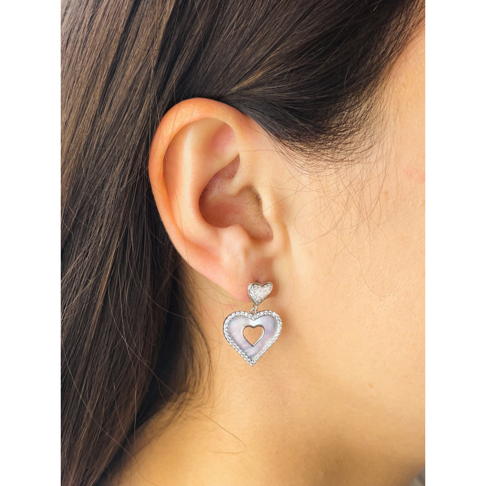 925 Silber Ohrringe mit Zirkonia und Perlmutt Herz