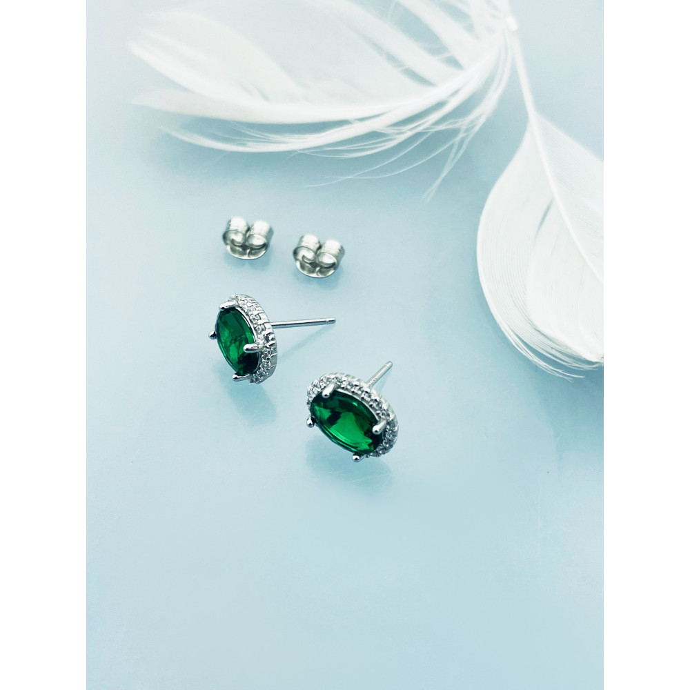 Srebrne kolczyki owalne zielone z cyrkoniami butelkowa zieleń karmazycja