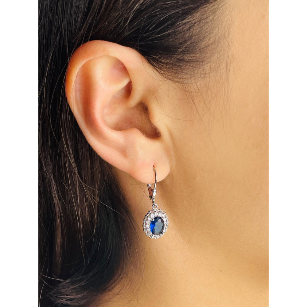 Srebrne kolczyki wiszące owalne z cyrkoniami szafirowe karmazycja