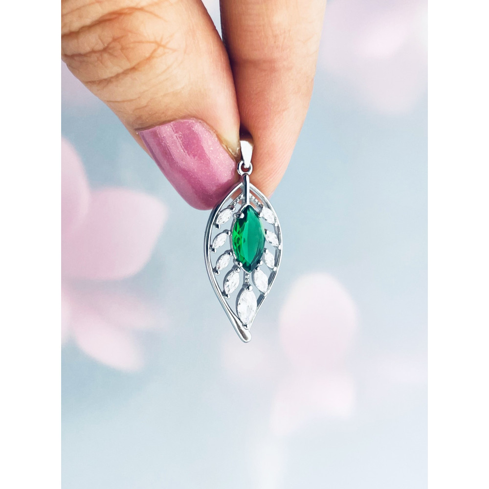 Srebrny wisiorek zawieszka listek liść z cyrkoniami butelkowa zieleń