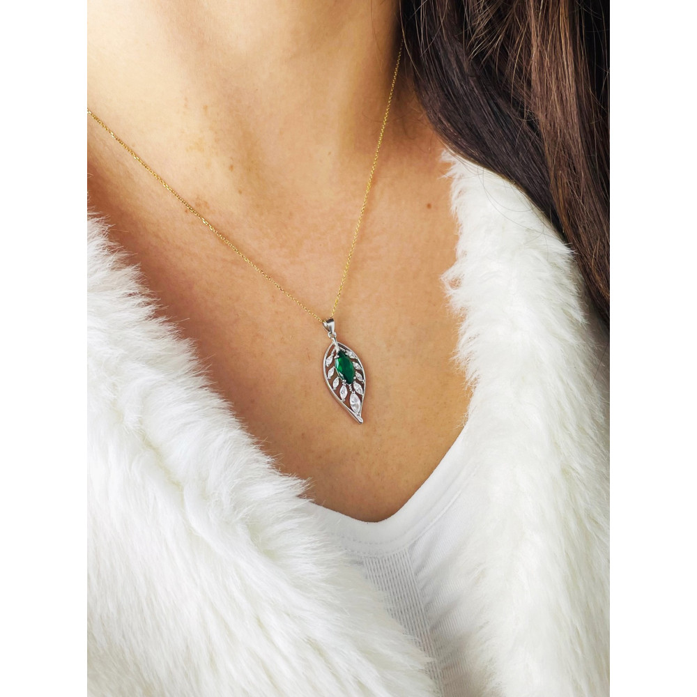 Srebrny wisiorek zawieszka listek liść z cyrkoniami butelkowa zieleń