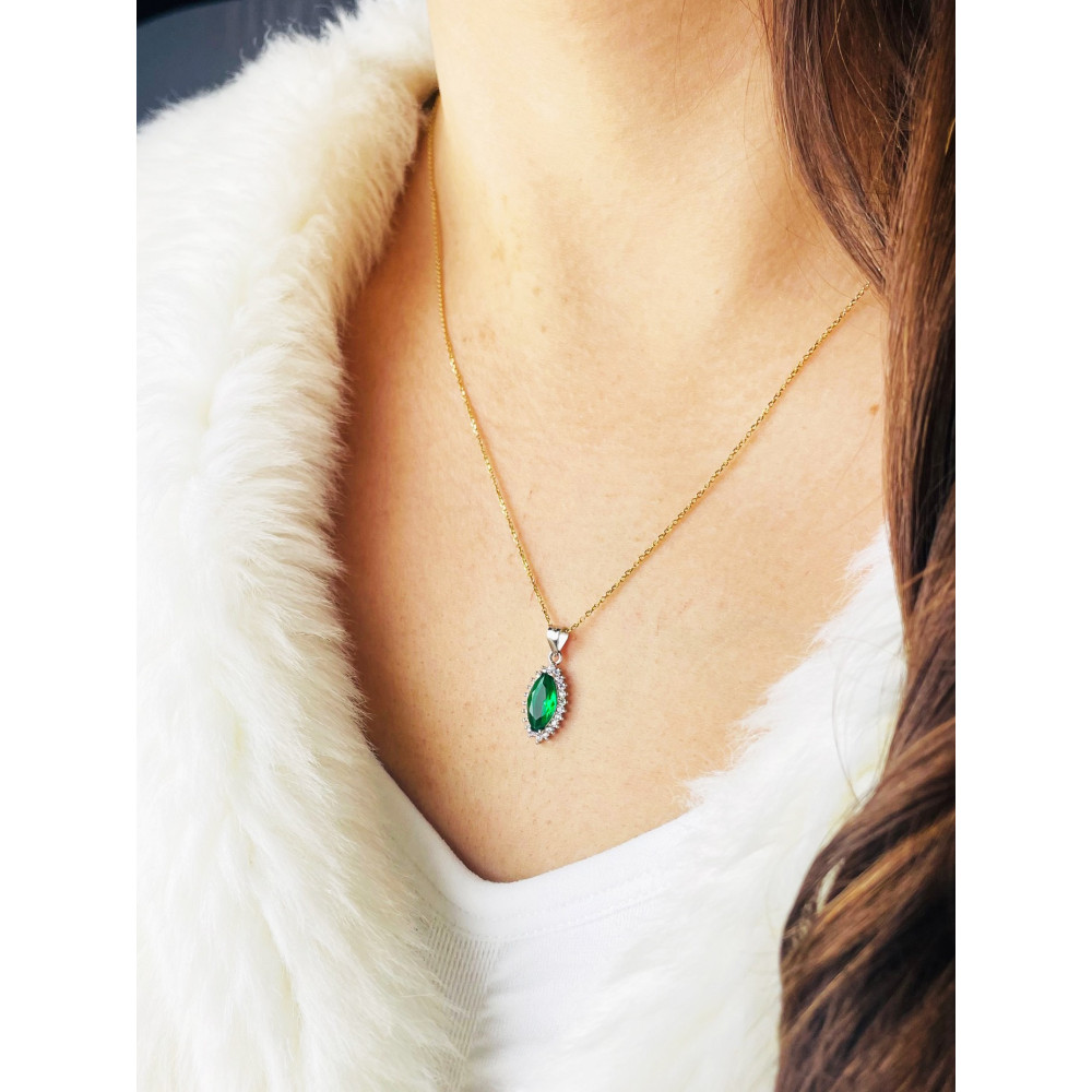 Srebrny wisiorek zawieszka kocie oko z cyrkoniami zielona karmazycja