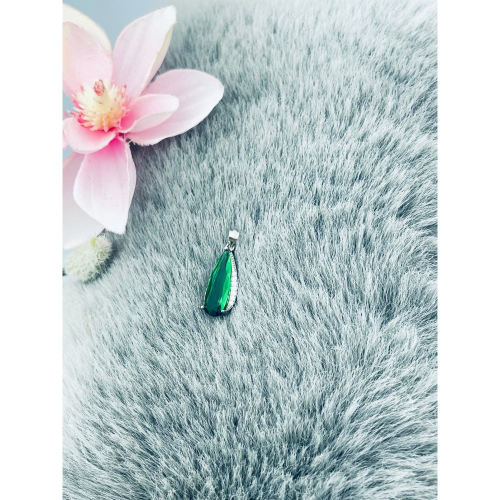 Srebrny wisiorek zawieszka łezka kropelka z cyrkoniami butelkowa zieleń