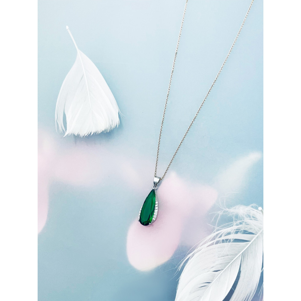 Srebrny wisiorek zawieszka łezka kropelka z cyrkoniami butelkowa zieleń