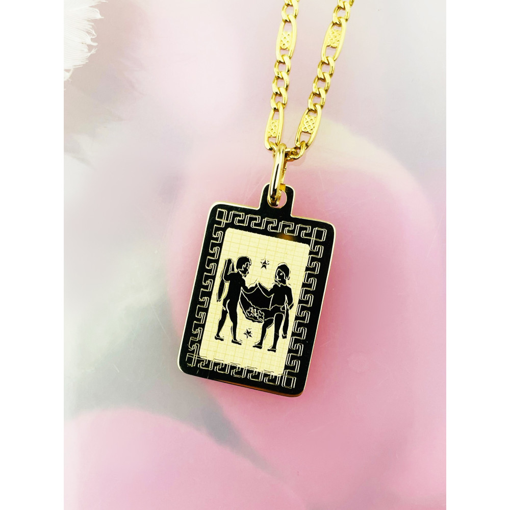 Złoty wisiorek zawieszka z greckim wzorem znak zodiaku bliźnięta