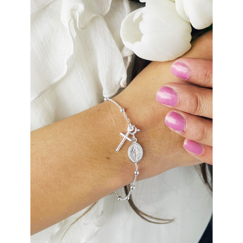 Srebrny Różaniec na rękę Matka Boska Cudowna Komunia Chrzest