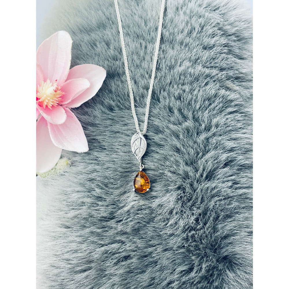 Blatt 925 Silber Anhänger mit Bernstein