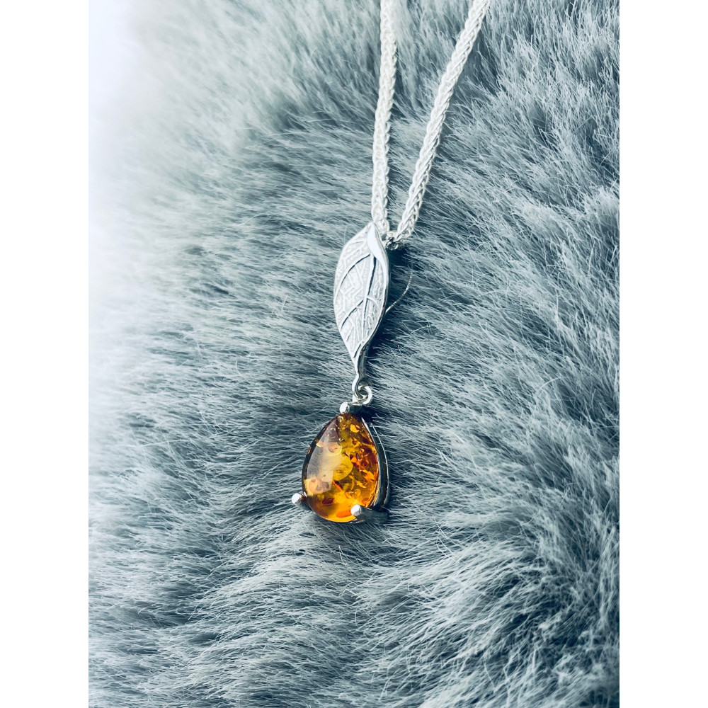 Blatt 925 Silber Anhänger mit Bernstein