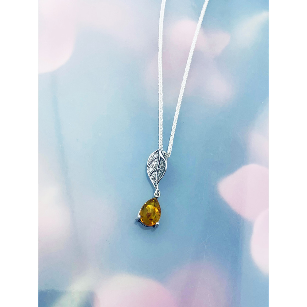 Blatt 925 Silber Anhänger mit Bernstein