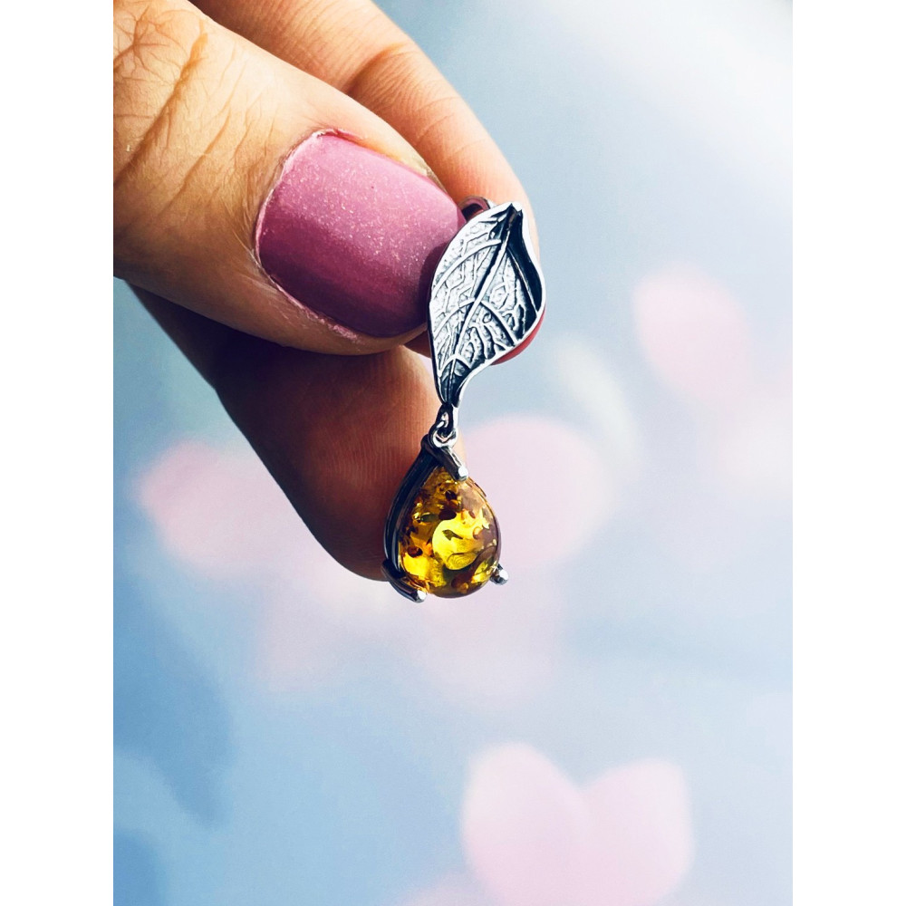 Blatt 925 Silber Anhänger mit Bernstein