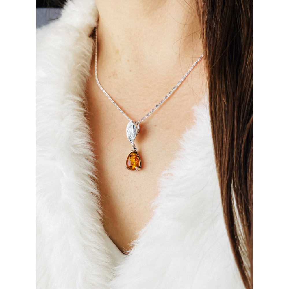 Blatt 925 Silber Anhänger mit Bernstein