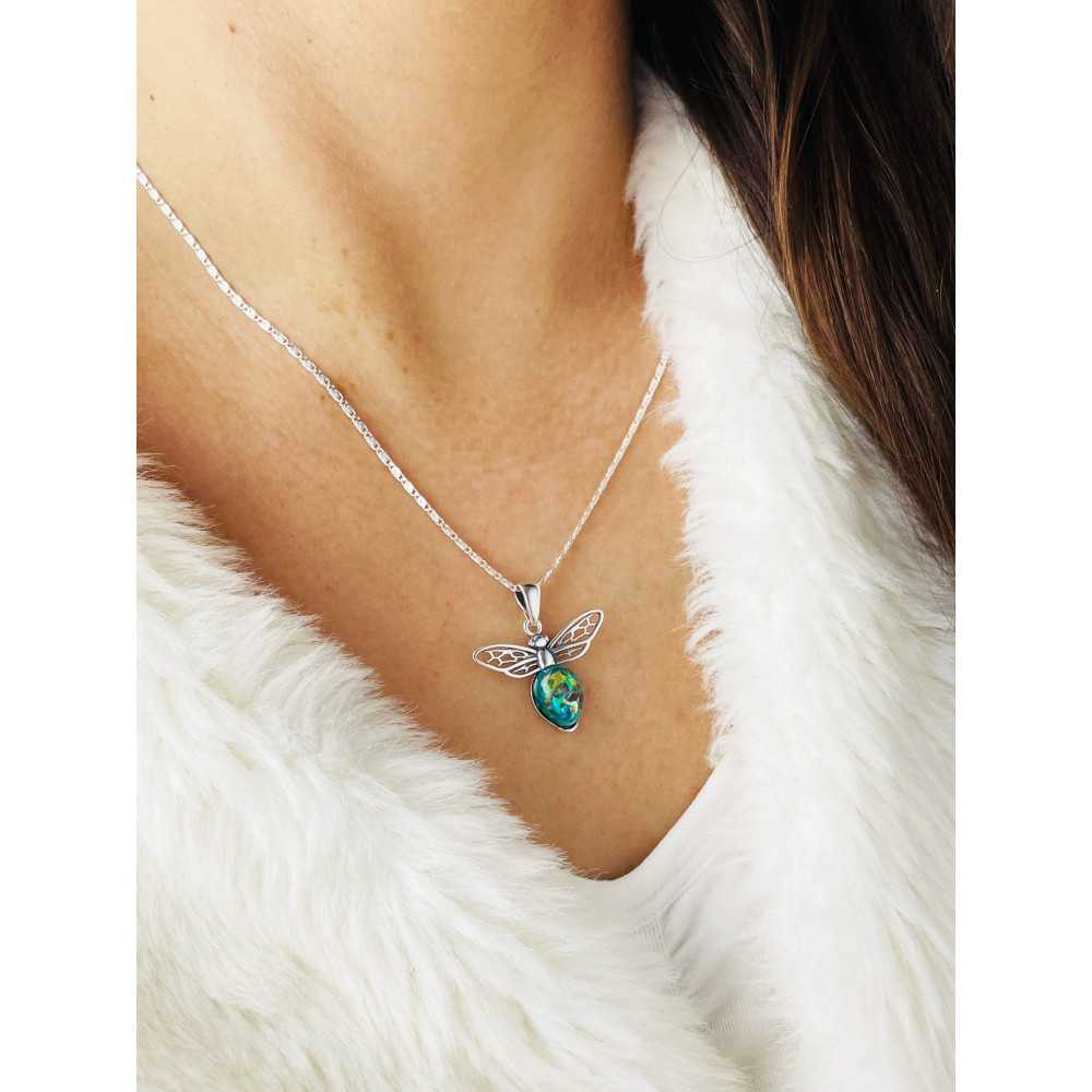 Biene 925 Silber Damen Medaillon Anhänger mit Opal