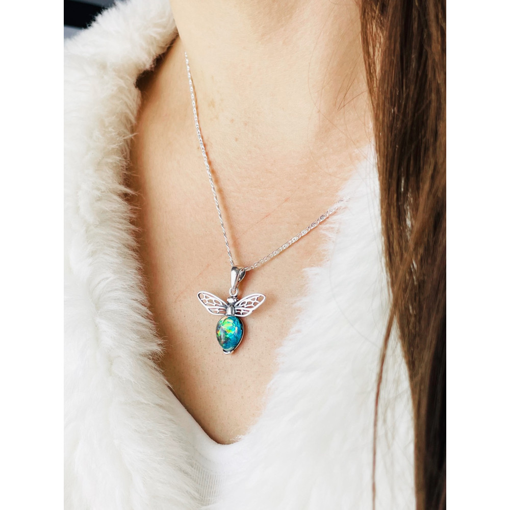 Biene 925 Silber Damen Medaillon Anhänger mit Opal