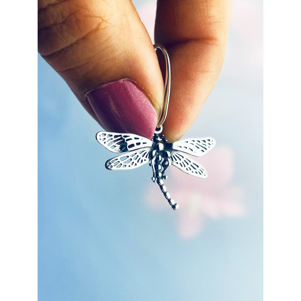 Srebrne kolczyki wiszące ważki oksydowane vintage