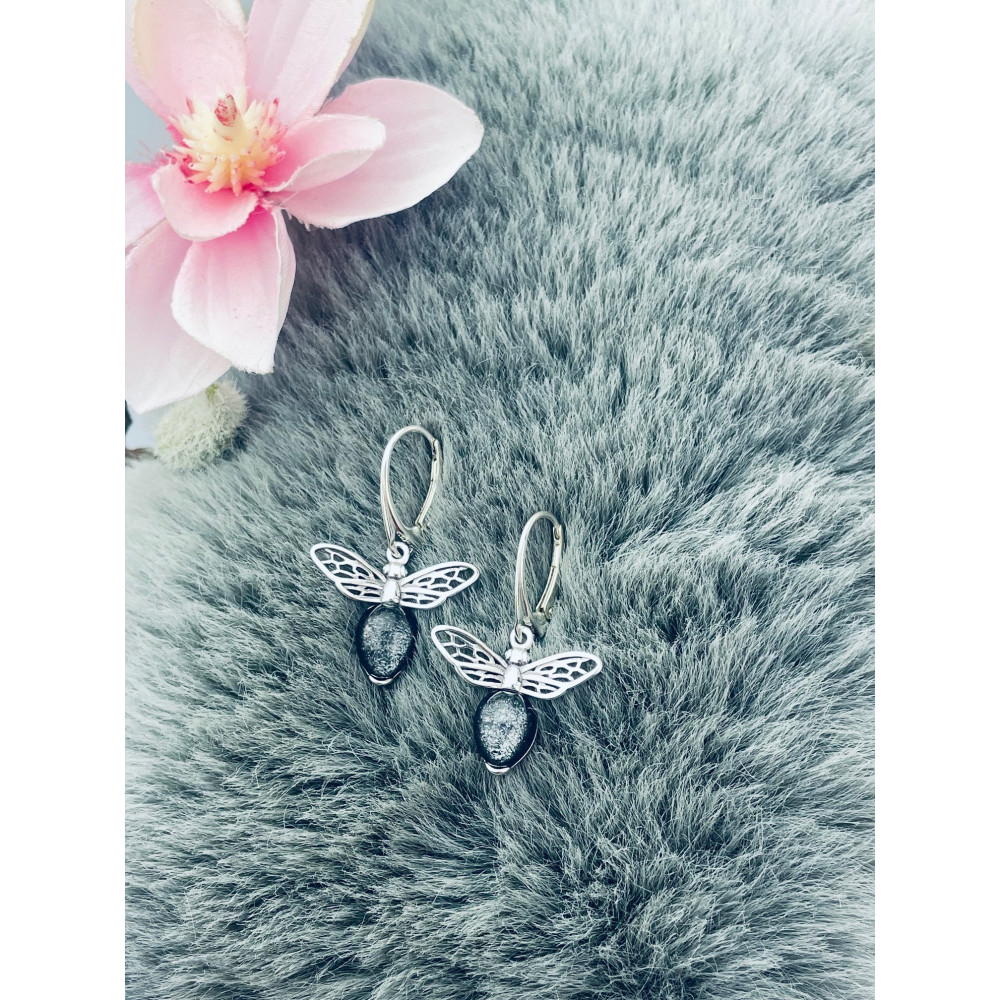 Srebrne kolczyki wiszące z kamieniem księżycowym pszczoły pszczółki