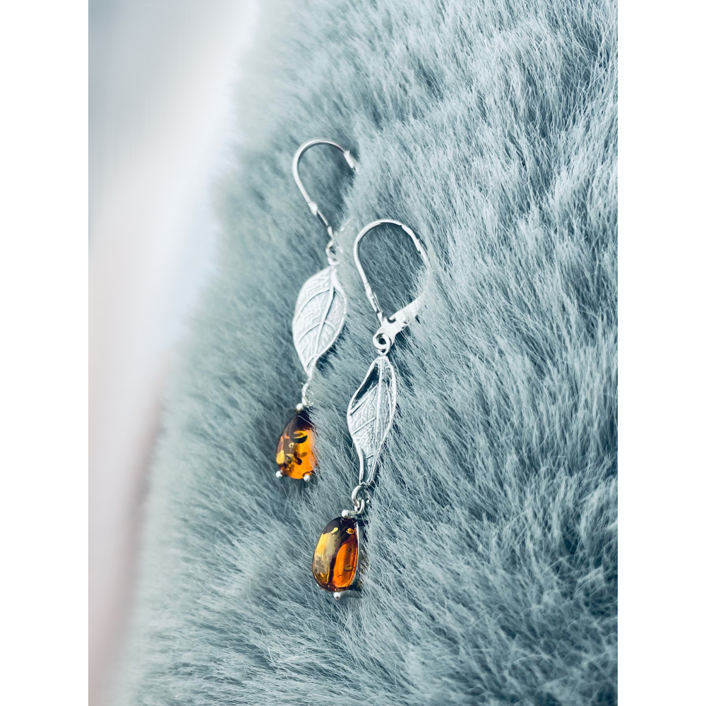 Blatt 925 Silber Ohrringe mit Bernstein