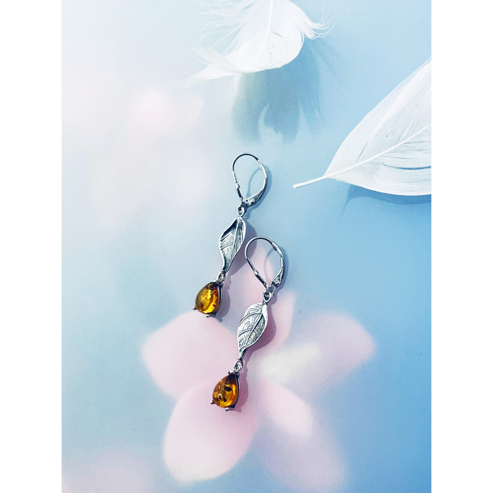 Blatt 925 Silber Ohrringe mit Bernstein