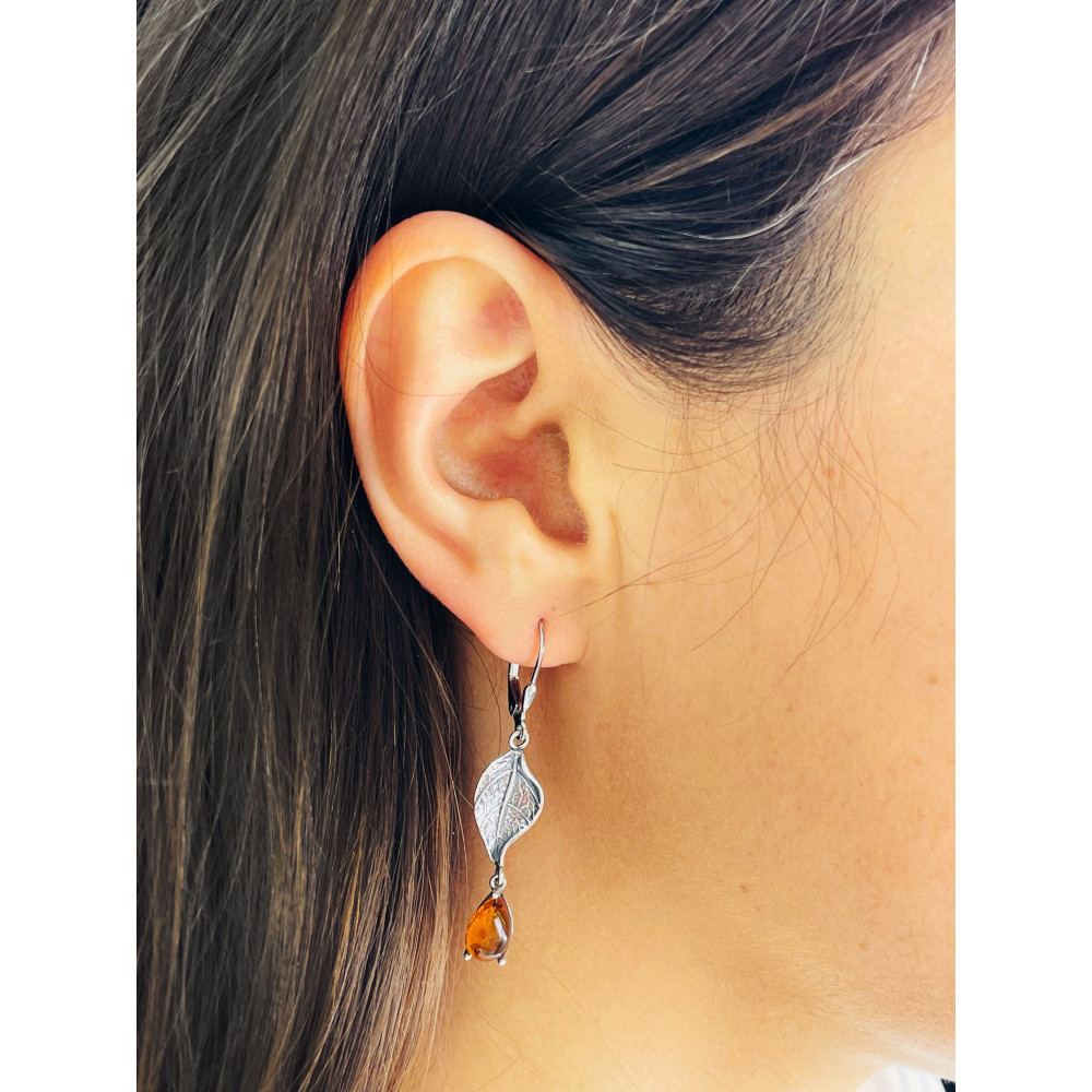 Blatt 925 Silber Ohrringe mit Bernstein