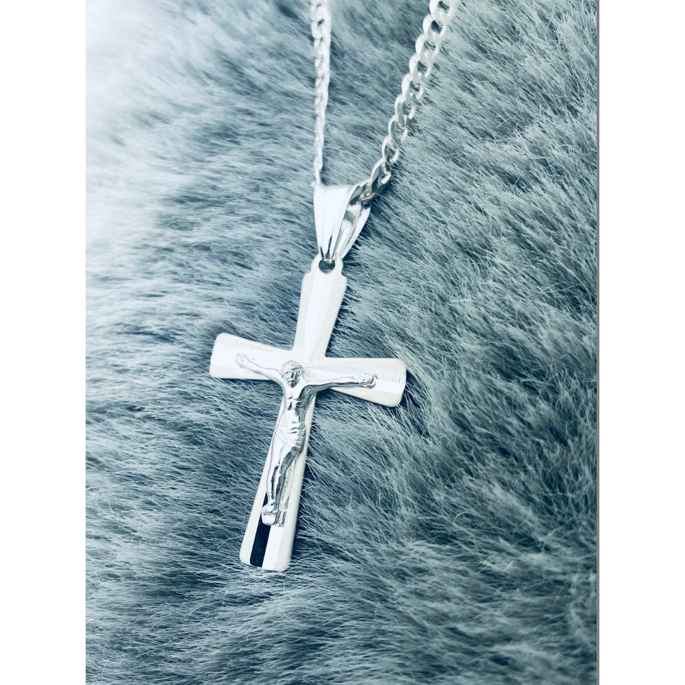 925 Silber Halskette mit Panzerkette und großes Kreuz mit Jesus