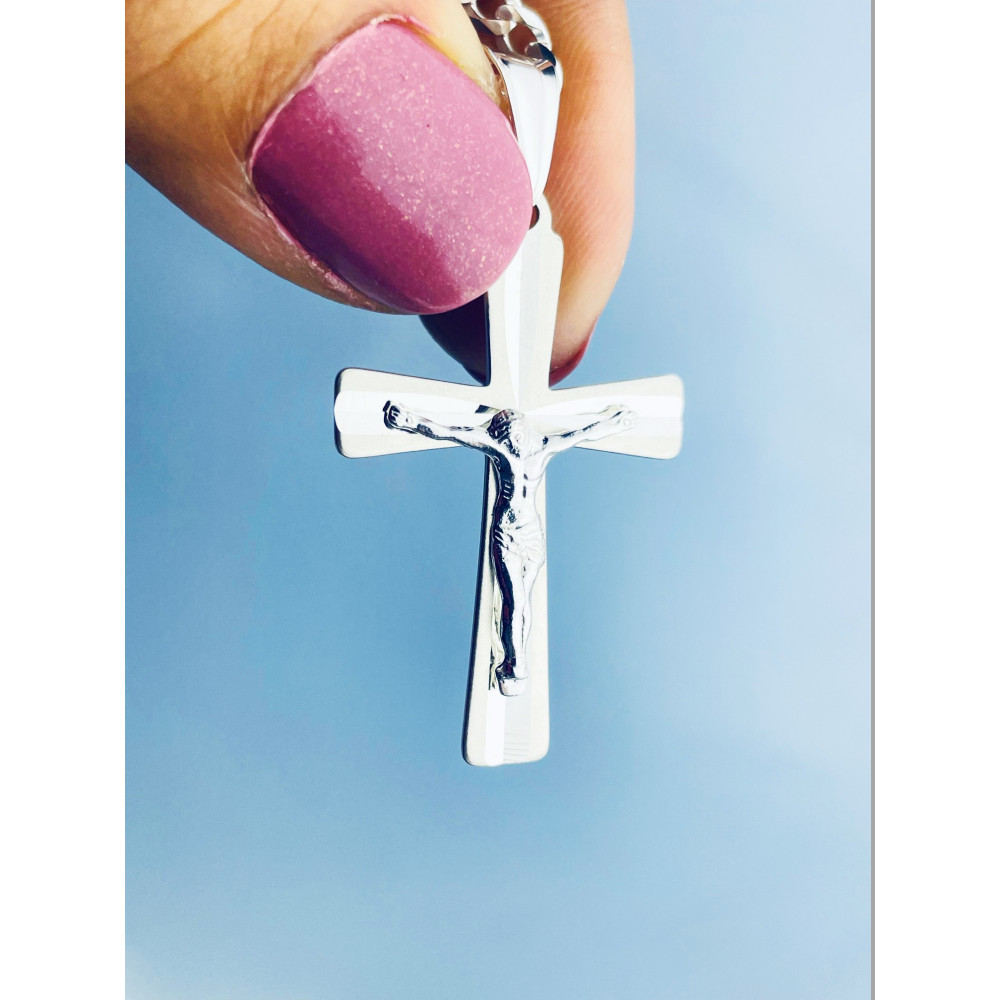 925 Silber Halskette mit Panzerkette und großes Kreuz mit Jesus