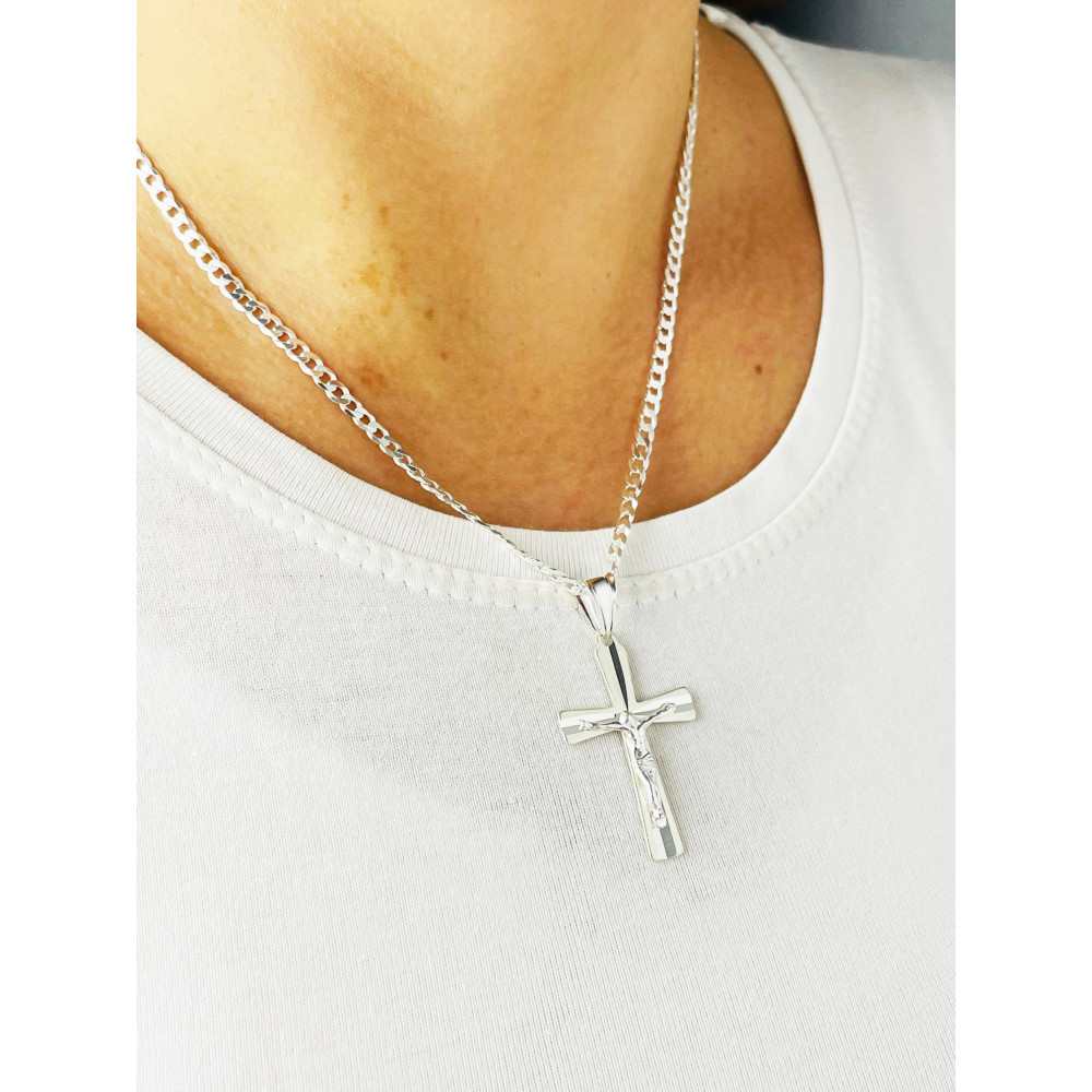 925 Silber Halskette mit Panzerkette und großes Kreuz mit Jesus