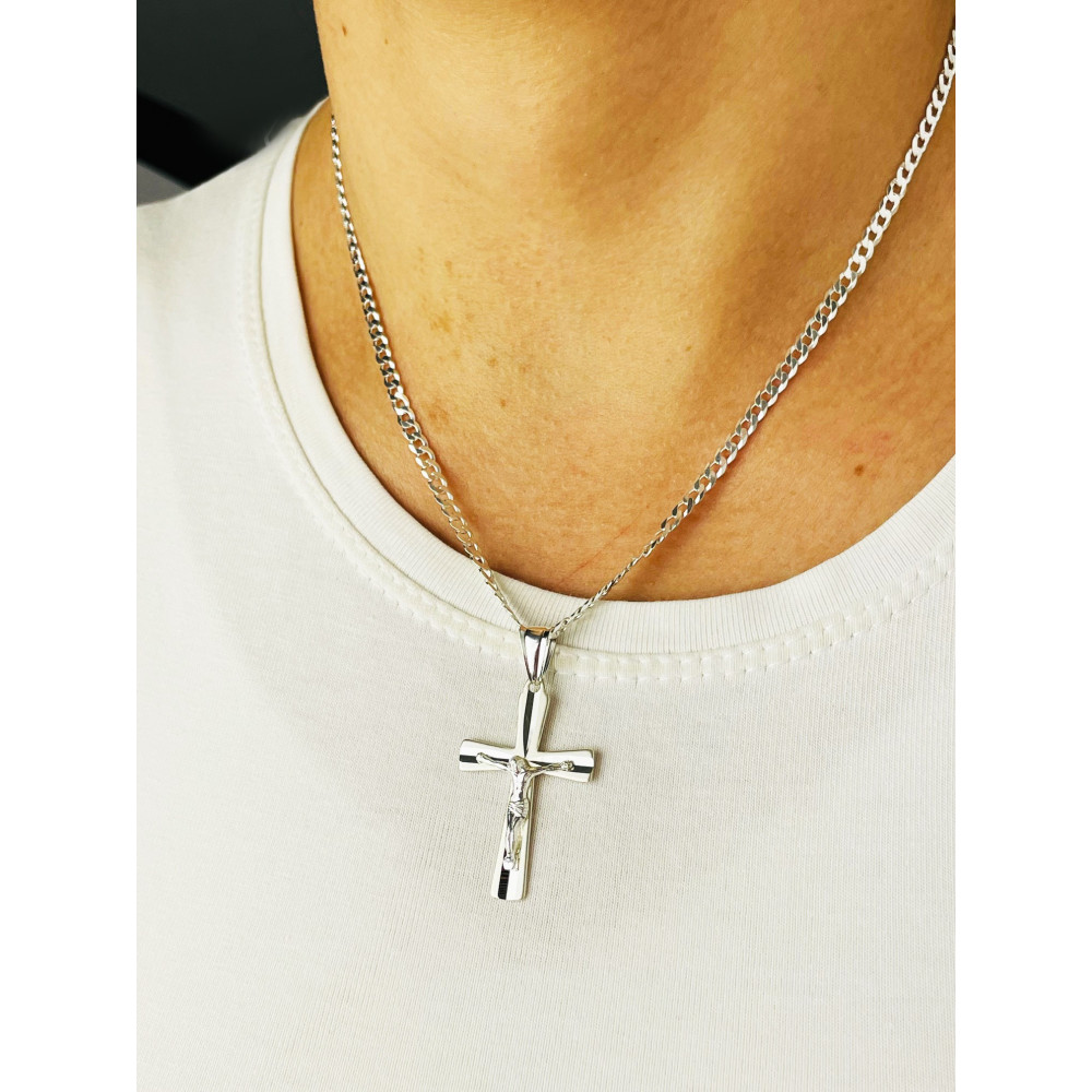 925 Silber Halskette mit Panzerkette und großes Kreuz mit Jesus