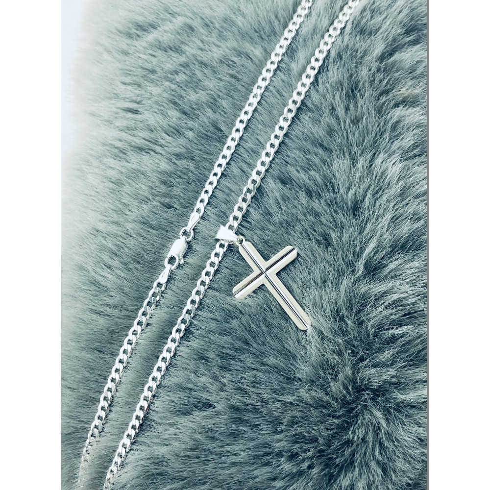 925 Silber Halskette mit Panzerkette und großes Kreuz