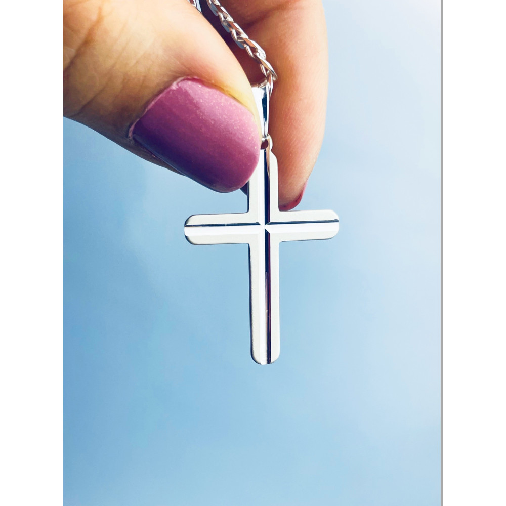 Srebrny komplet naszyjnik łańcuszek pancerka zawieszka duży krzyż frezowany