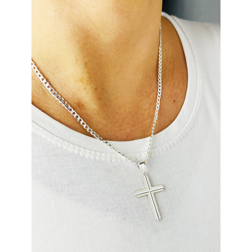 925 Silber Halskette mit Panzerkette und großes Kreuz
