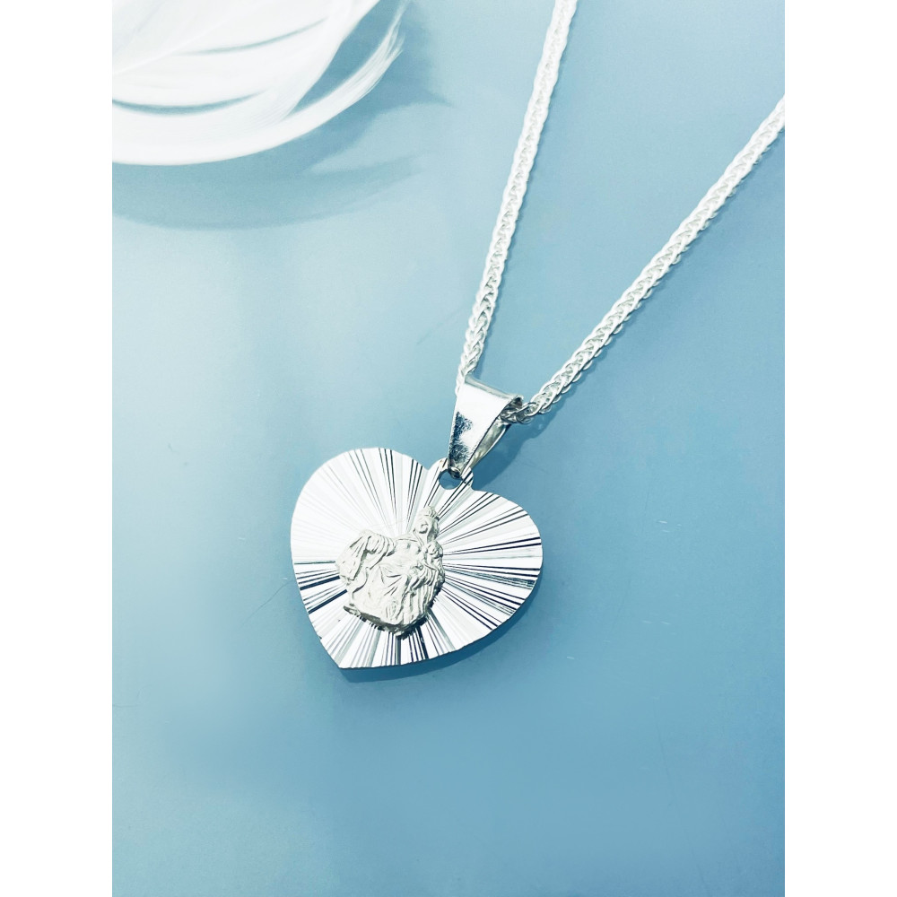 Srebrny komplet naszyjnik łańcuszek lisi ogon serce zawieszka dwustronna Szkaplerz Matka Boska z góry Karmel i Pan Jezus