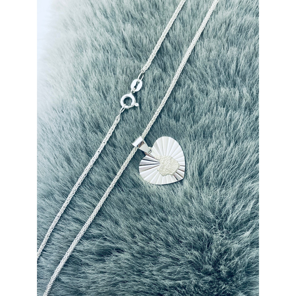 Srebrny komplet naszyjnik łańcuszek lisi ogon serce zawieszka dwustronna Szkaplerz Matka Boska z góry Karmel i Pan Jezus