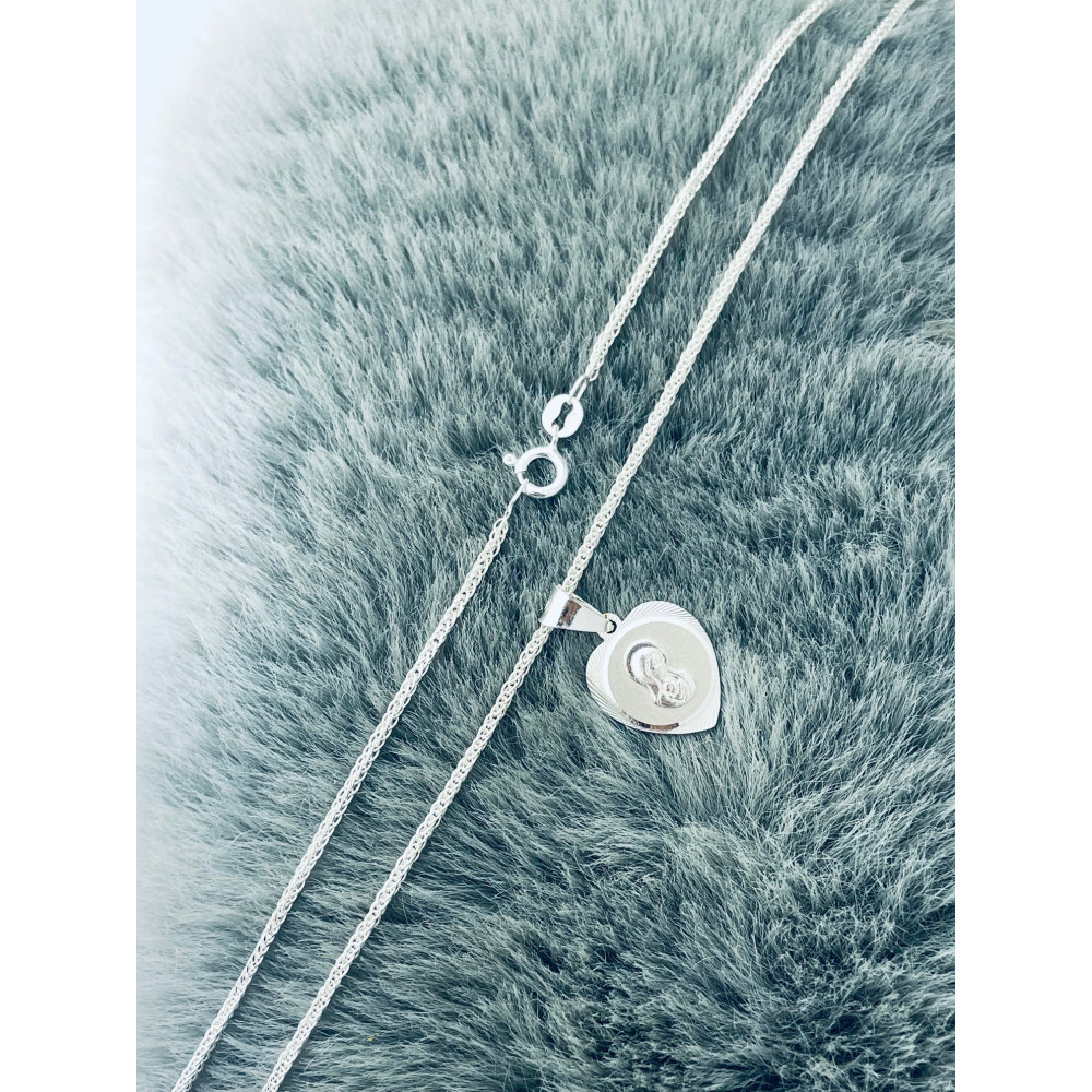 Srebrny komplet naszyjnik łańcuszek lisi ogon Spiga zawieszka serce Matka Boska z Dzieciątkiem Komunia Chrzest