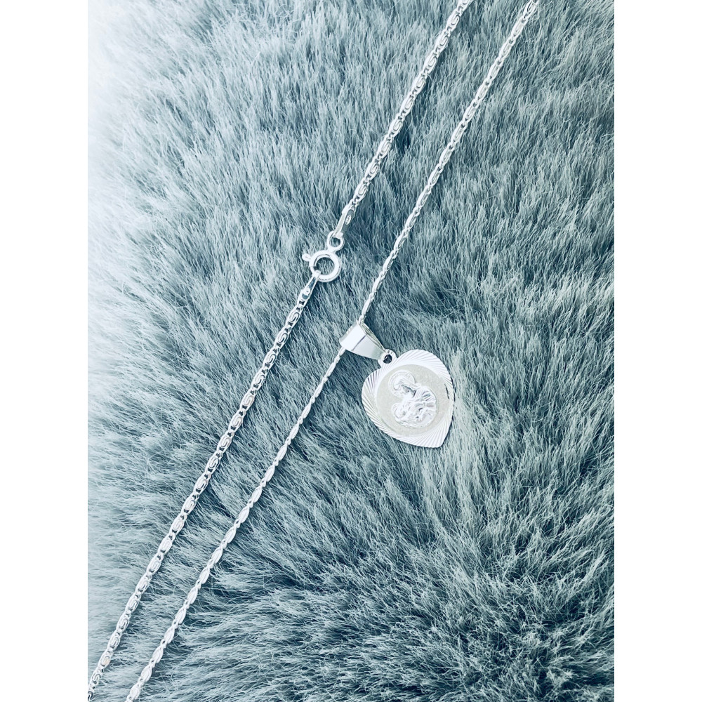 Srebrny komplet naszyjnik łańcuszek ślimak zawieszka serce  Medalik Matka Boska z Dzieciątkiem Komunia Chrzest