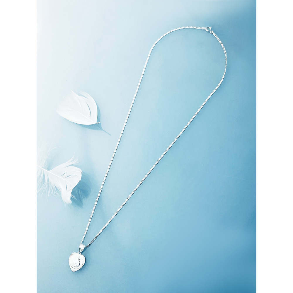 Srebrny komplet naszyjnik łańcuszek ślimak zawieszka serce  Medalik Matka Boska z Dzieciątkiem Komunia Chrzest