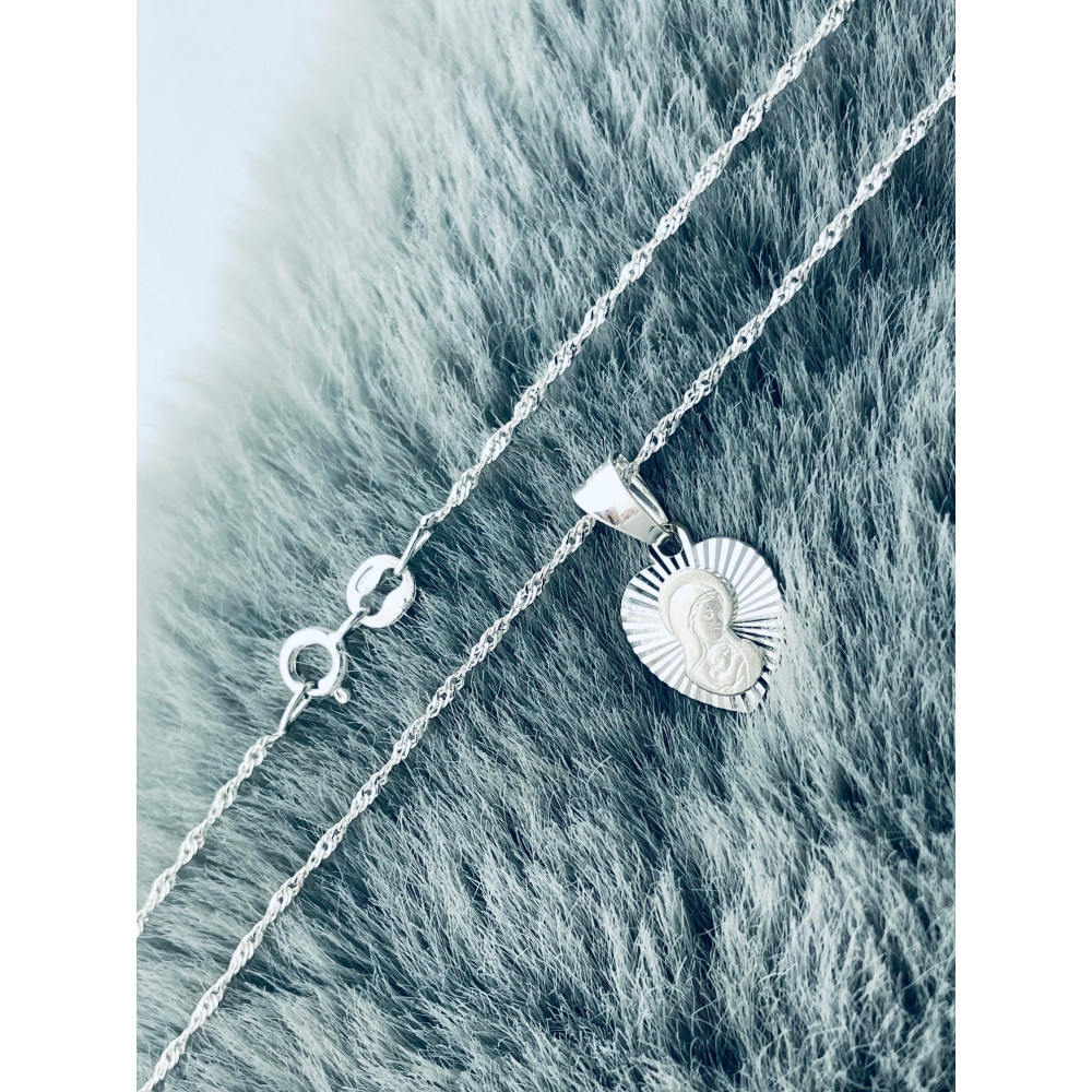 Srebrny komplet naszyjnik łańcuszek Singapure Magic zawieszka serce  Medalik Matka Boska z Dzieciątkiem Komunia Chrzest