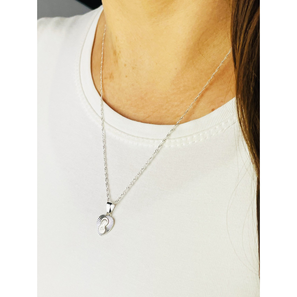 Srebrny komplet naszyjnik łańcuszek Singapure Magic zawieszka serce  Medalik Matka Boska z Dzieciątkiem Komunia Chrzest