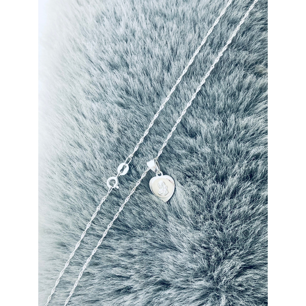 Srebrny komplet naszyjnik łańcuszek Singapure Magic zawieszka serce  Medalik Matka Boska Częstochowska Komunia Chrzest