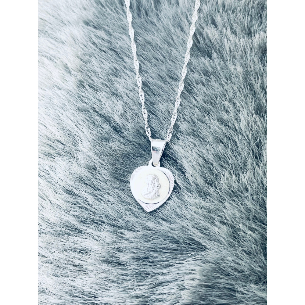 Srebrny komplet naszyjnik łańcuszek Singapure Magic zawieszka serce  Medalik Matka Boska Częstochowska Komunia Chrzest