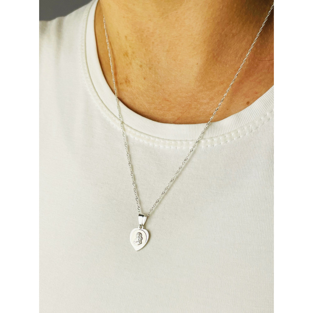 Srebrny komplet naszyjnik łańcuszek Singapure Magic zawieszka serce  Medalik Matka Boska Częstochowska Komunia Chrzest