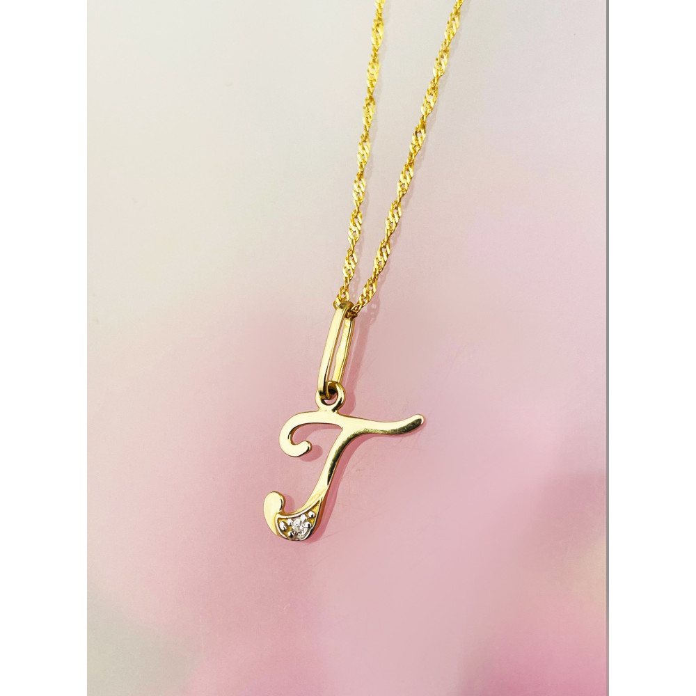 Złoty wisiorek zawieszka ozdobna literka T z cyrkoniami