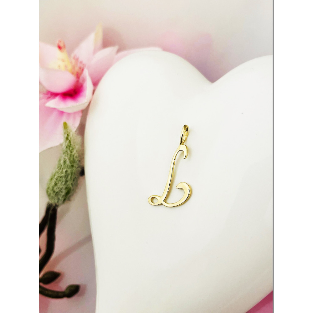 Złoty wisiorek zawieszka ozdobna literka L z zawijasami gładka polerowana