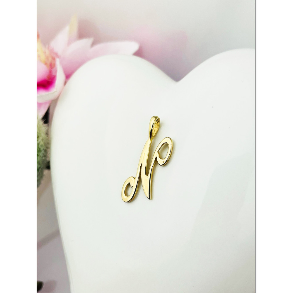 Złoty wisiorek zawieszka ozdobna literka N z zawijasami gładka polerowana