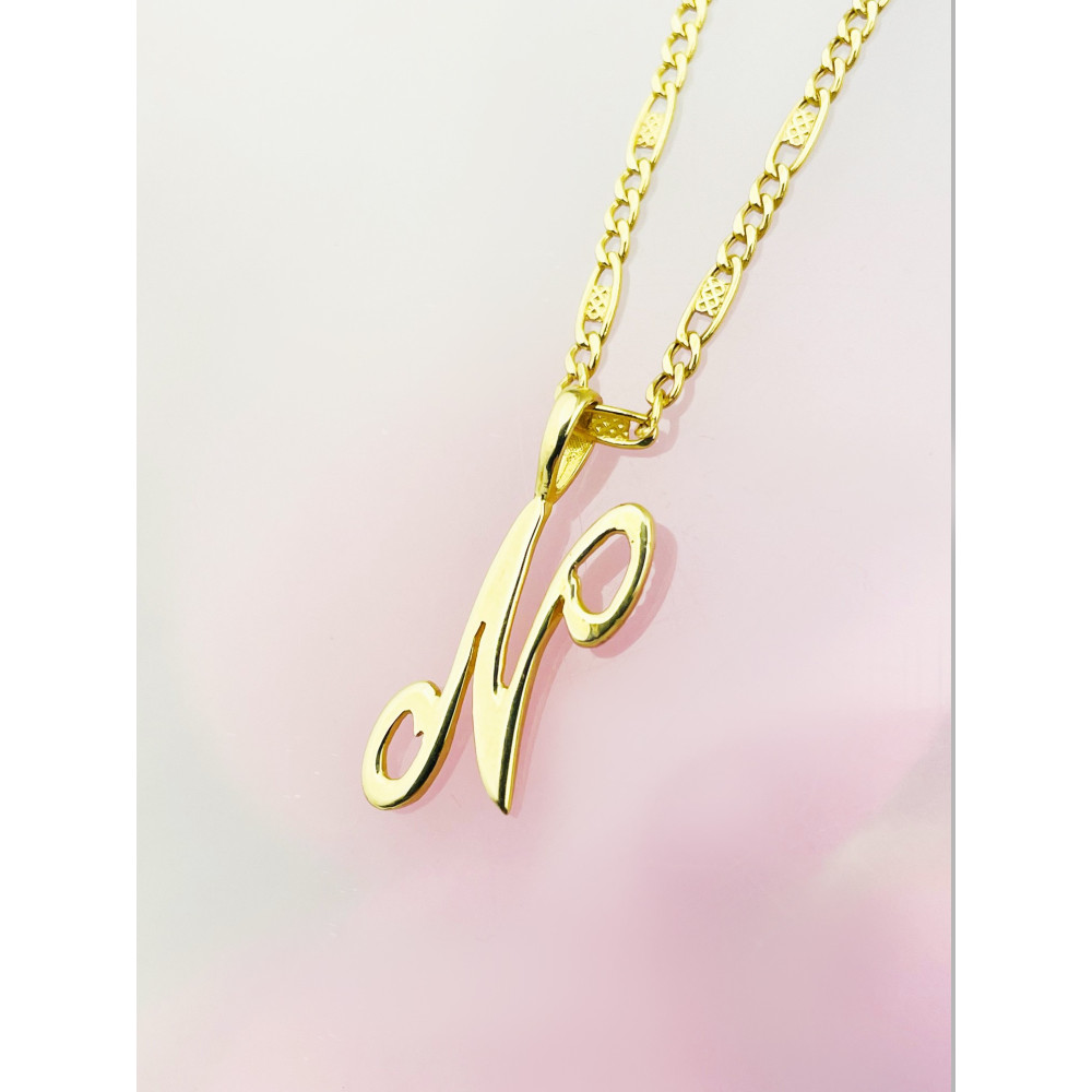 Złoty wisiorek zawieszka ozdobna literka N z zawijasami gładka polerowana