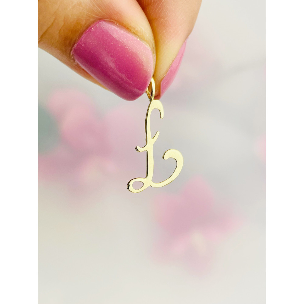 Złoty wisiorek zawieszka ozdobna literka Ł z zawijasami gładka polerowana