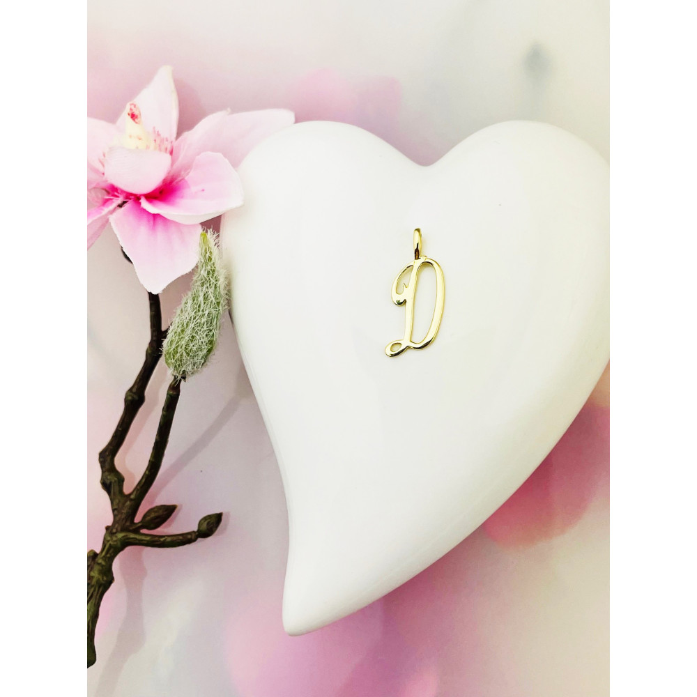 Złoty wisiorek zawieszka ozdobna literka D z zawijasami gładka polerowana
