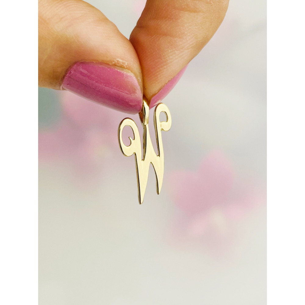 Złoty wisiorek zawieszka ozdobna literka W z zawijasami gładka polerowana