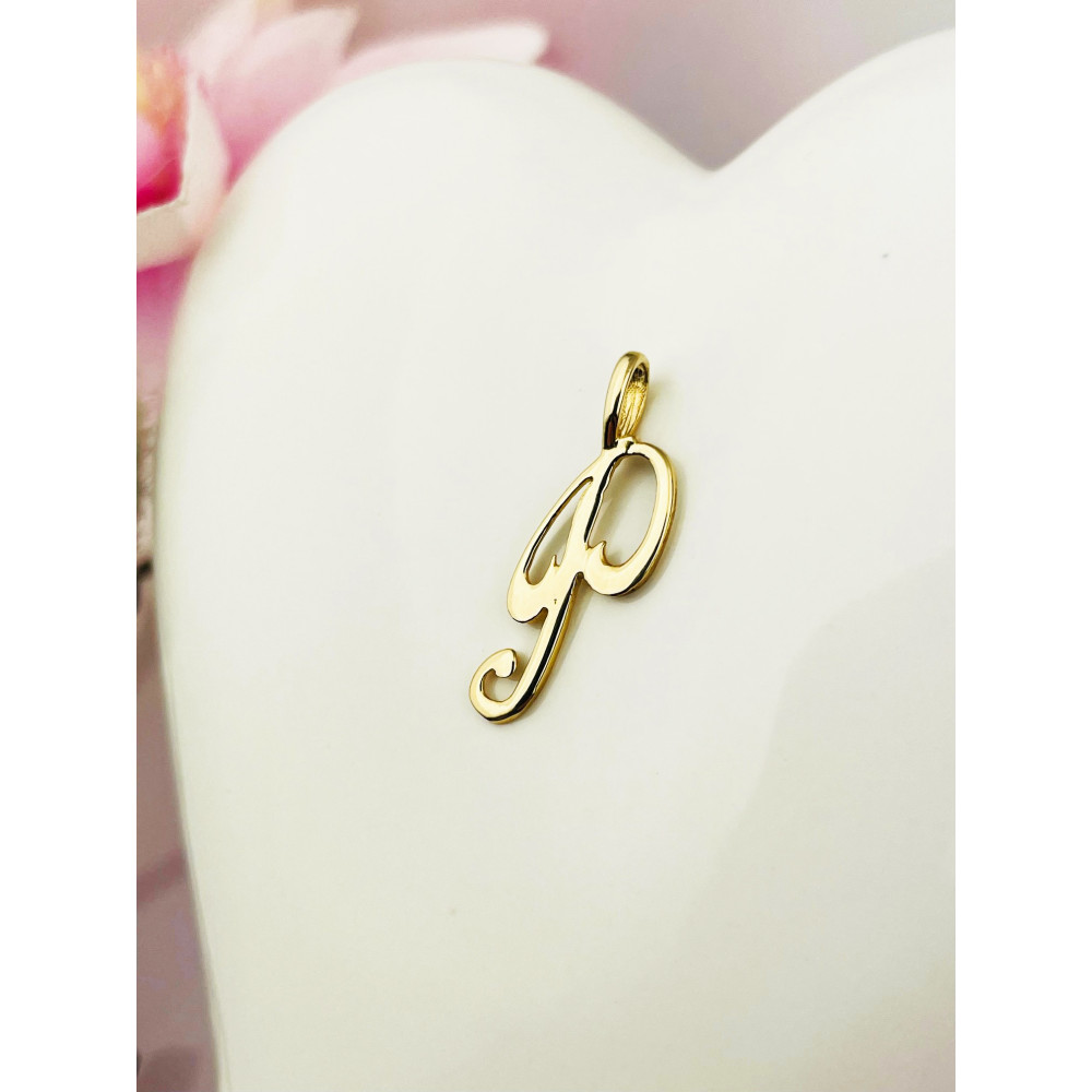 Złoty wisiorek zawieszka ozdobna literka P z zawijasami gładka polerowana