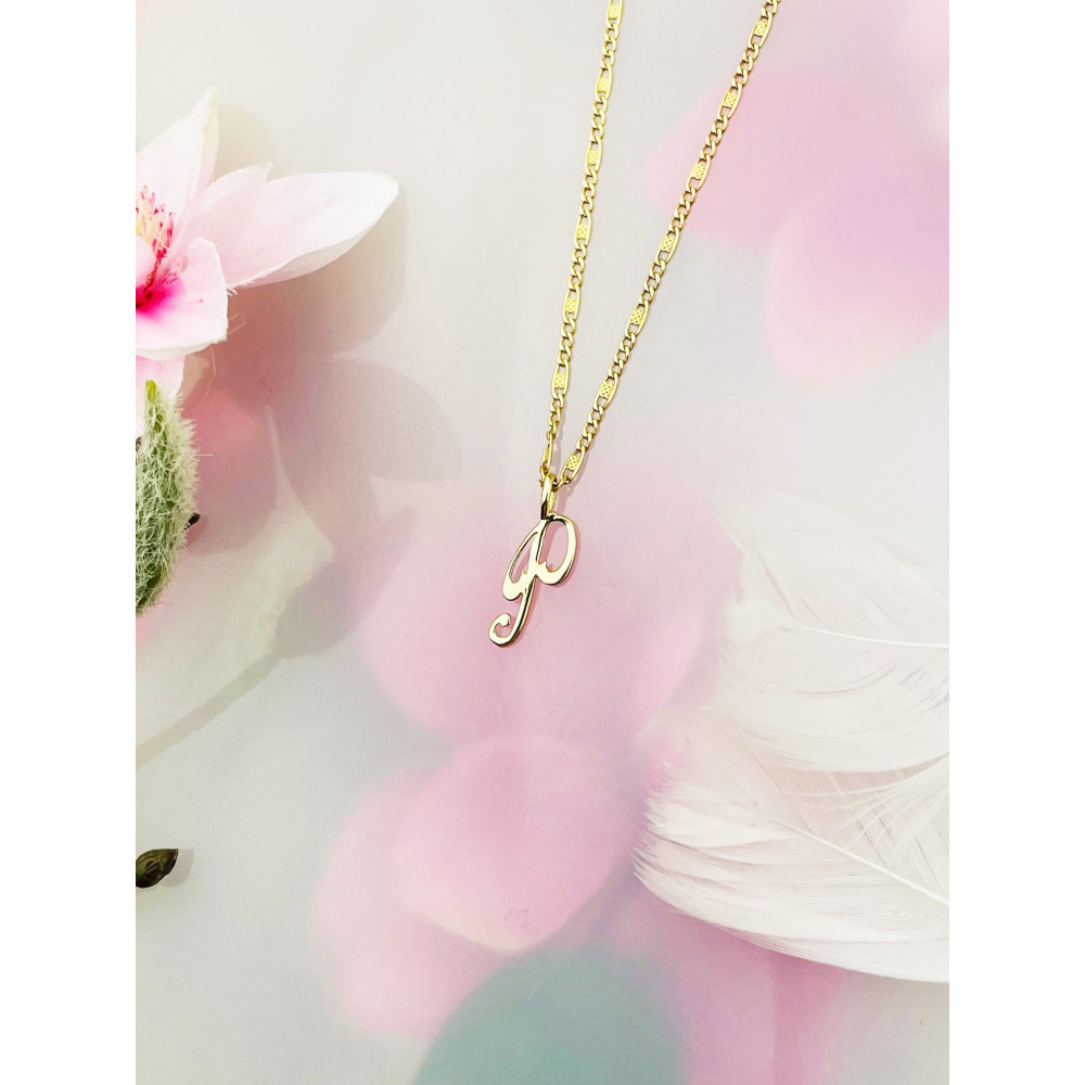 Złoty wisiorek zawieszka ozdobna literka P z zawijasami gładka polerowana