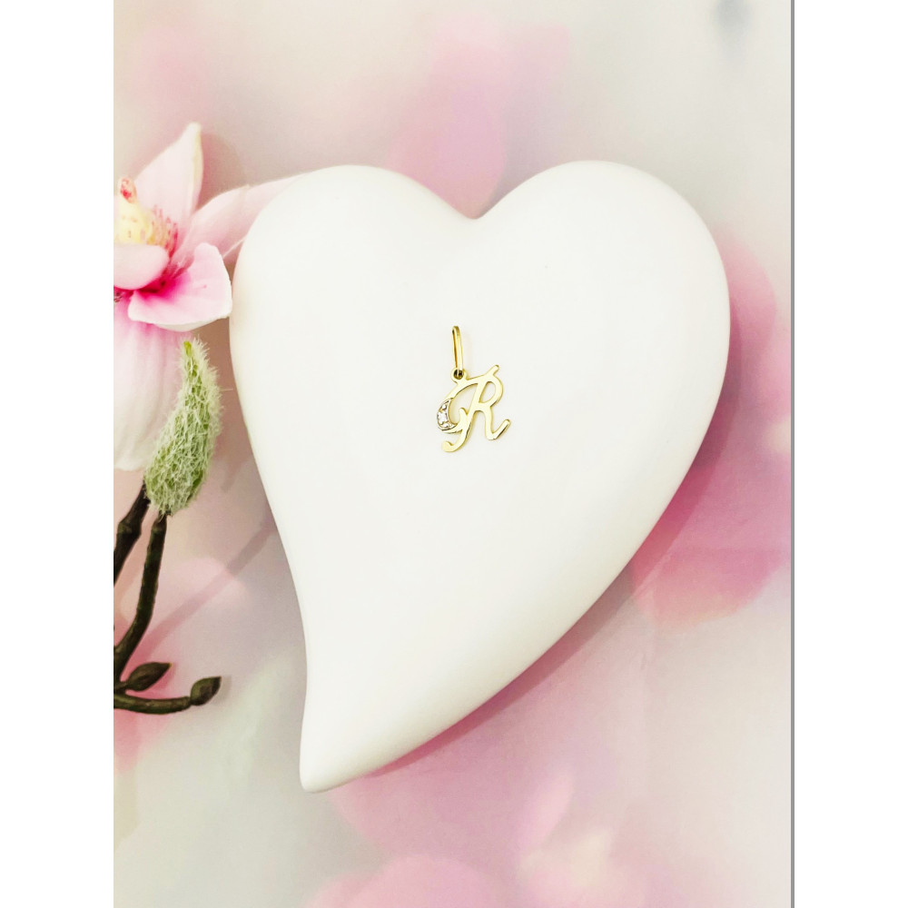 Złoty wisiorek zawieszka ozdobna literka R z cyrkoniami