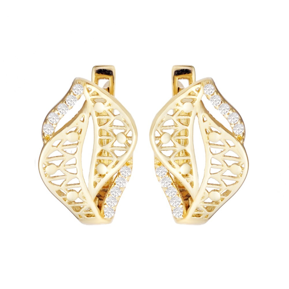 Złote kolczyki przecinki ażurowe z cyrkoniami